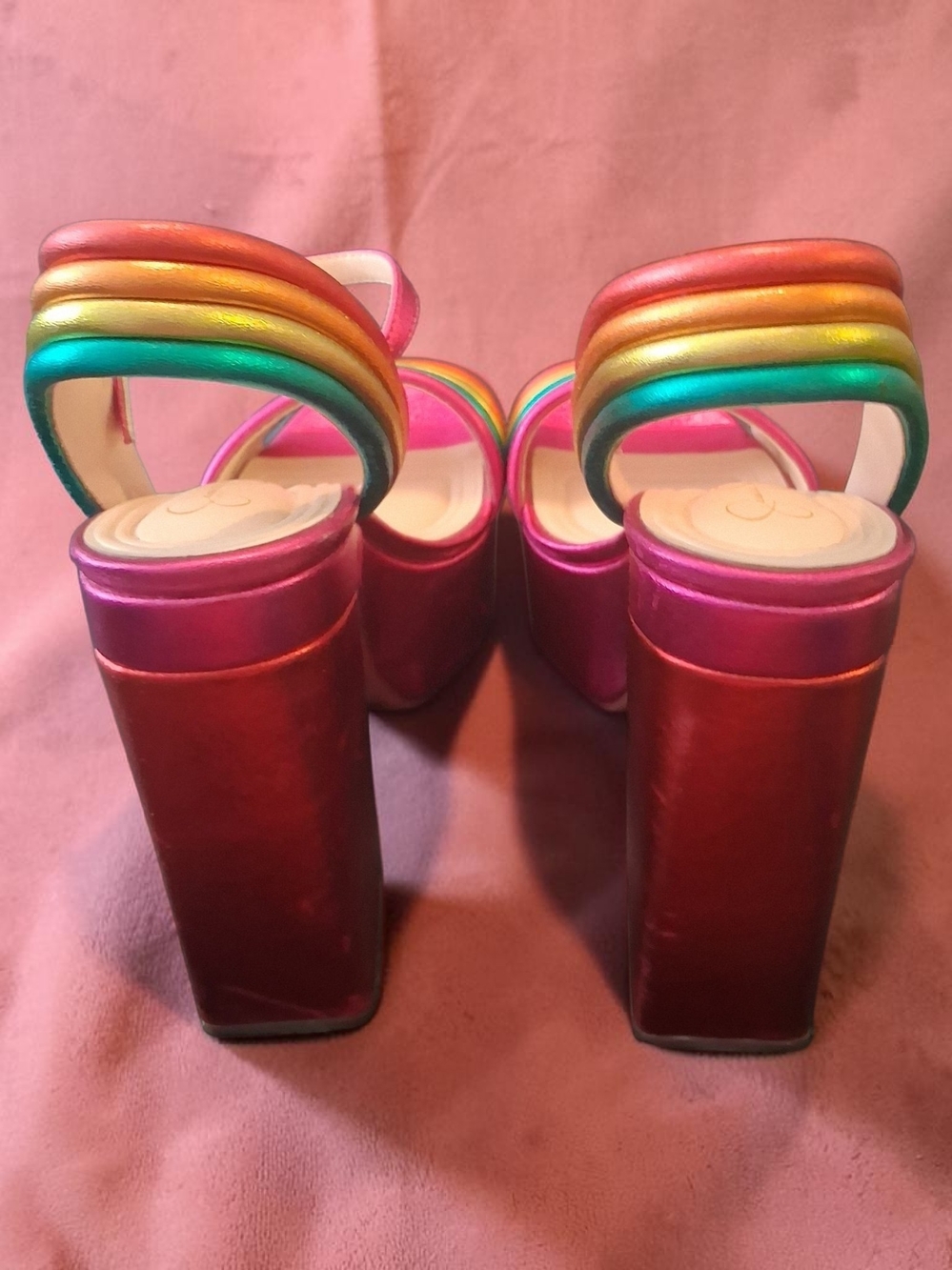Jessica Simpson Pink Platform Heels with Rainbow Straps - Picture 4 of 7